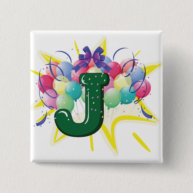 Celebration Monogram Letter J with Balloons Button (Front)