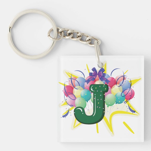 Celebration Monogram Letter J with Balloons Keychain (Front)