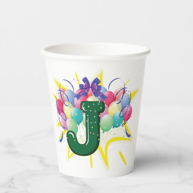 Celebration Monogram Letter J with Balloons Paper Cups (Front)