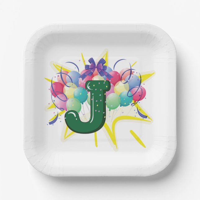 Celebration Monogram Letter J with Balloons Paper Plates (Front)