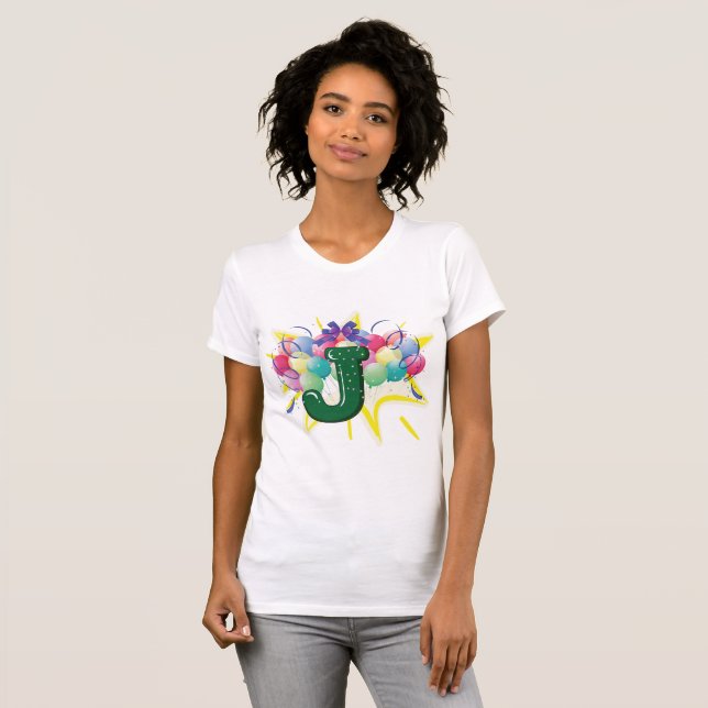 Celebration Monogram Letter J with Balloons T-Shirt (Front Full)