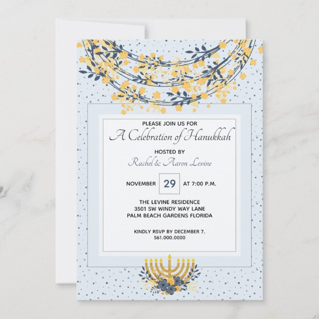 Celebration of Hanukkah Gold Flowers & Navy Blue Invitation (Front)