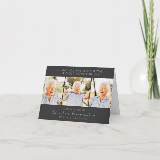 Celebration of Her Life Modern Simple Three Photos Thank You Card (Front)
