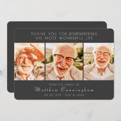 Celebration of His Life Modern Simple Three Photos Thank You Card