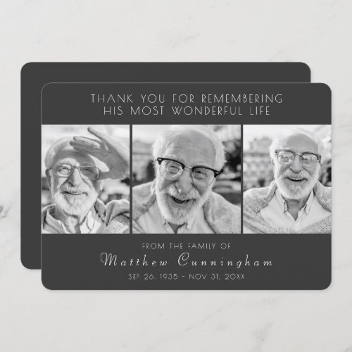 Celebration of His Life Modern Simple Three Photos Thank You Card