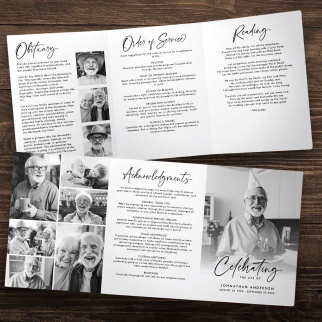 Celebration of Life 10-Photo Black & White Funeral Tri-Fold Program (Creator Uploaded)
