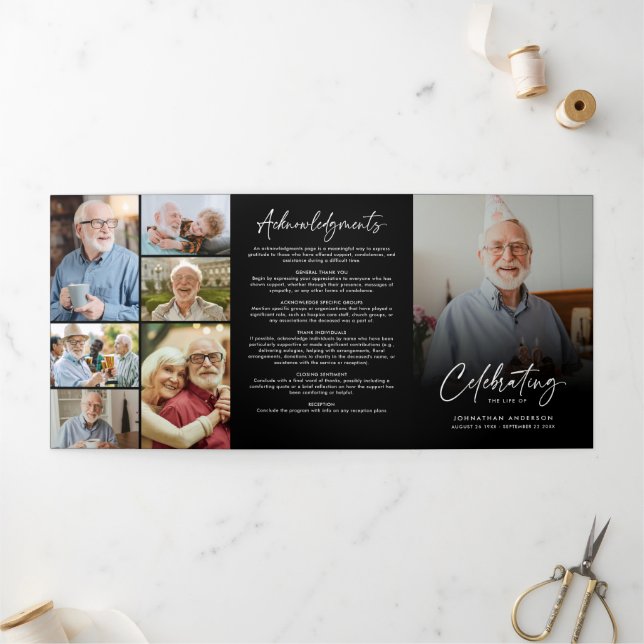 Celebration of Life 10-Photo Black & White Funeral Tri-Fold Program (Outside)