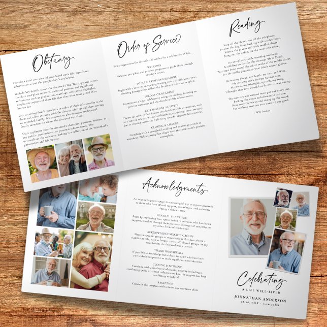 Celebration of Life 14-Photo Black & White Funeral Tri-Fold Program (Creator Uploaded)