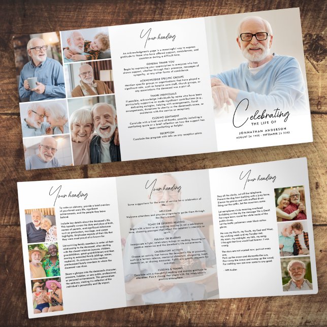 Celebration of Life 14-Photo Black & White Funeral Tri-Fold Program (Creator Uploaded)