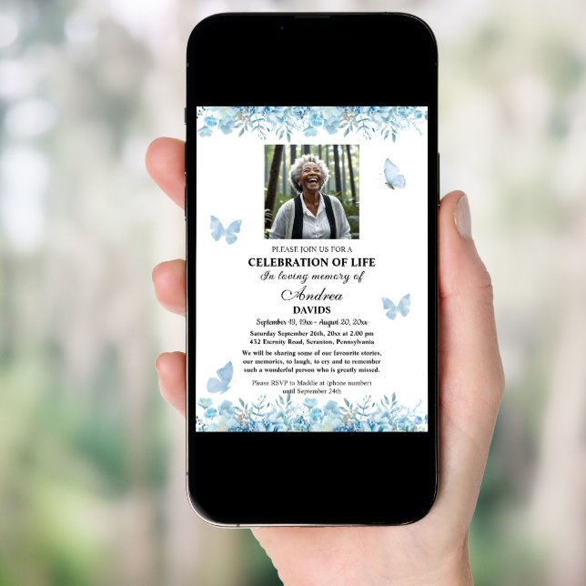 Celebration Of Life 1 Photo Funeral Blue Floral Invitation (Front Digital)