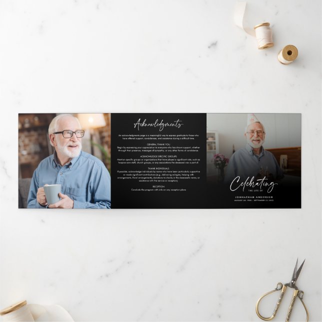 Celebration of Life 3-Photo Black & White Funeral Tri-Fold Program (Outside)