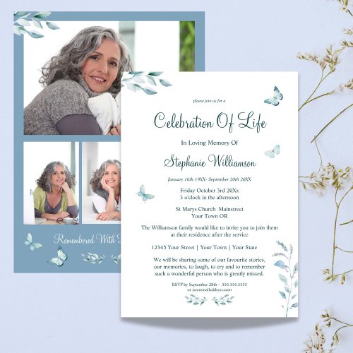 Celebration of Life 4 Photo Butterfly  Funeral  Invitation