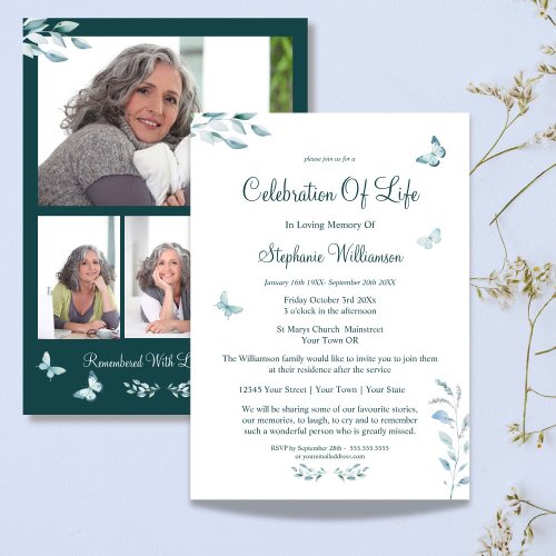 Celebration of Life 4 Photo Butterfly Funeral  Invitation