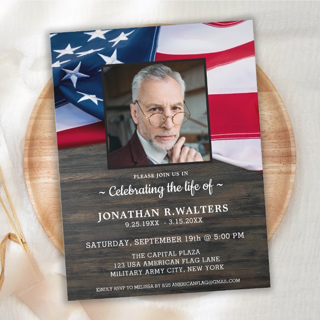 Celebration Of Life American Flag Rustic Photo Invitation Postcard (Creator Uploaded)