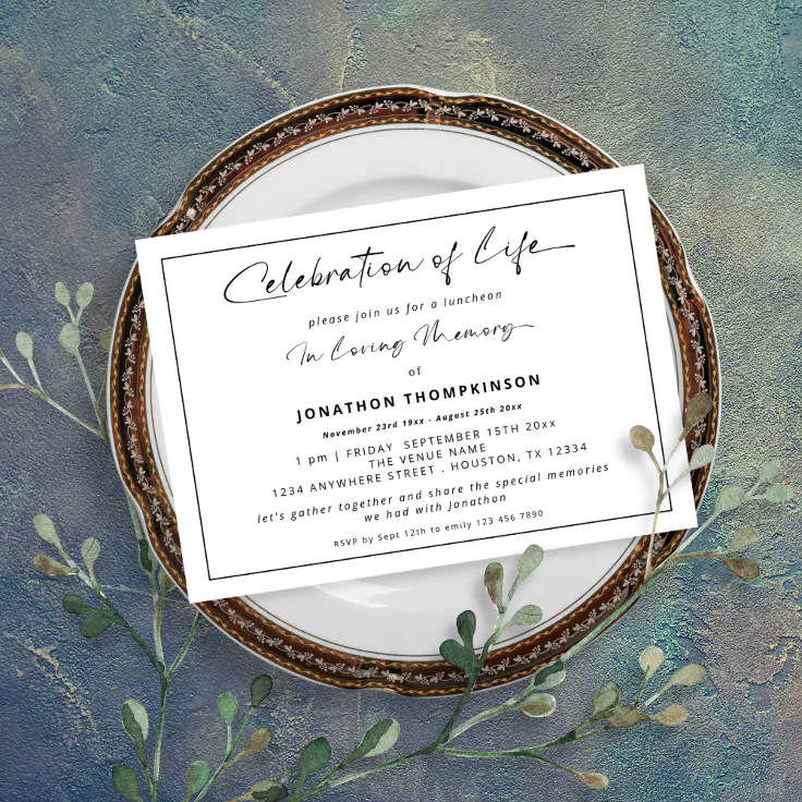 Celebration Of Life Black Border Funeral Luncheon Invitation Zazzle