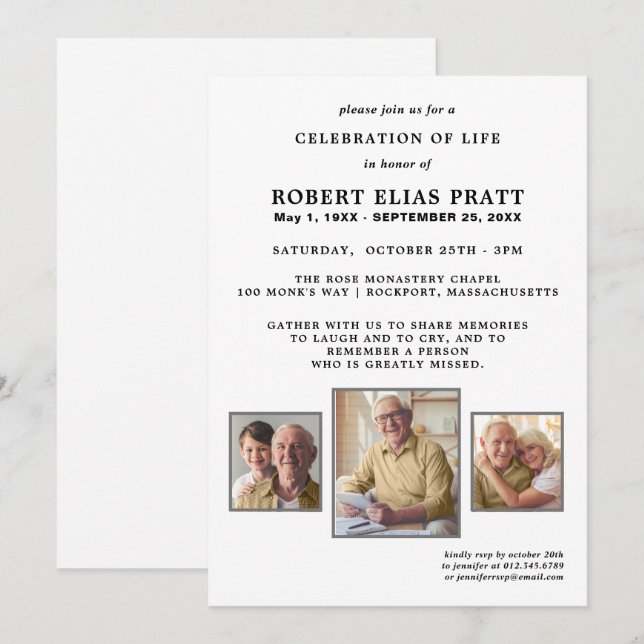 Celebration of Life Black White 3 Photo Invitation (Front/Back)