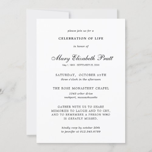 Celebration of Life Black White Elegant Funeral Invitation