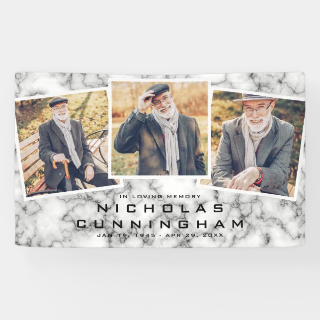 Celebration of Life Black White Marble Three Photo Banner (Horizontal)