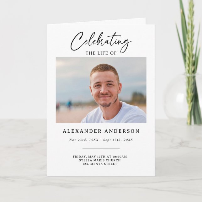 Celebration of Life Black White Memorial Funeral Program (Front)