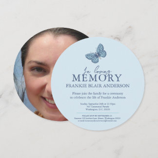 Celebration of life blue butterfly photo funeral invitation