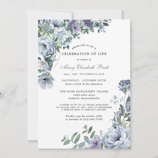 Celebration of Life Blue Floral Invitation (Front)
