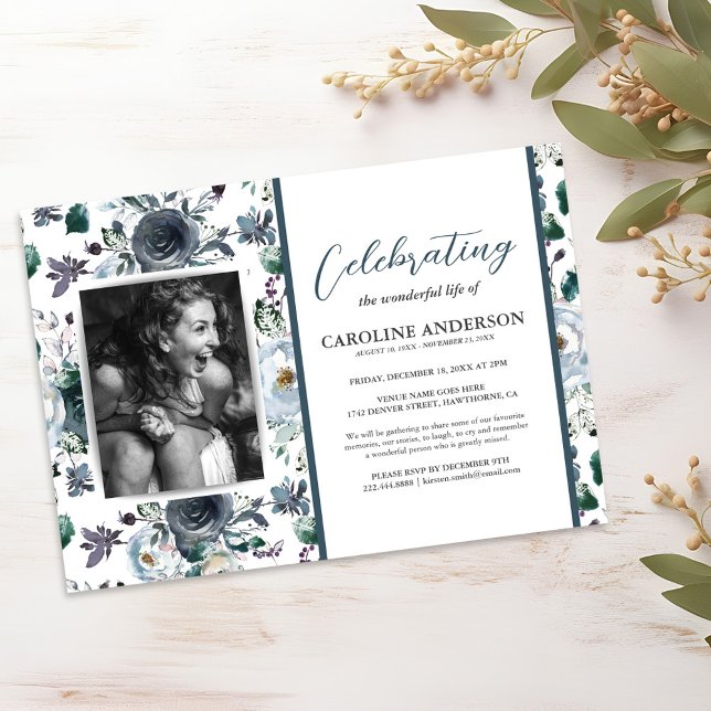 Celebration of Life Blue Floral Photo Invitation (Creator Uploaded)