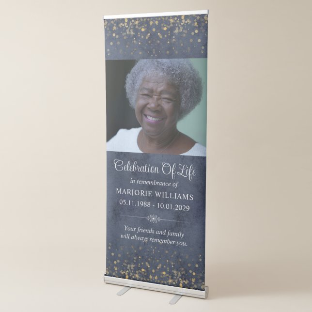 Celebration Of Life Blue Gold Custom Photo Retractable Banner (3/4)