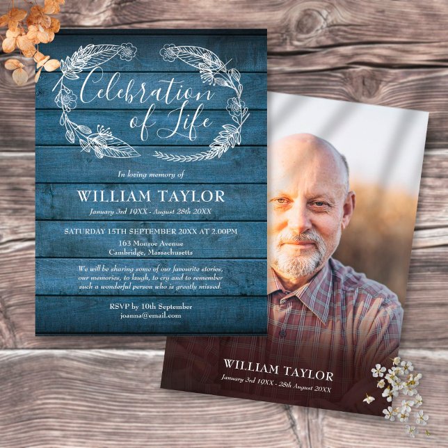 Celebration of Life Blue Wood Photo Invitation (Creator Uploaded)