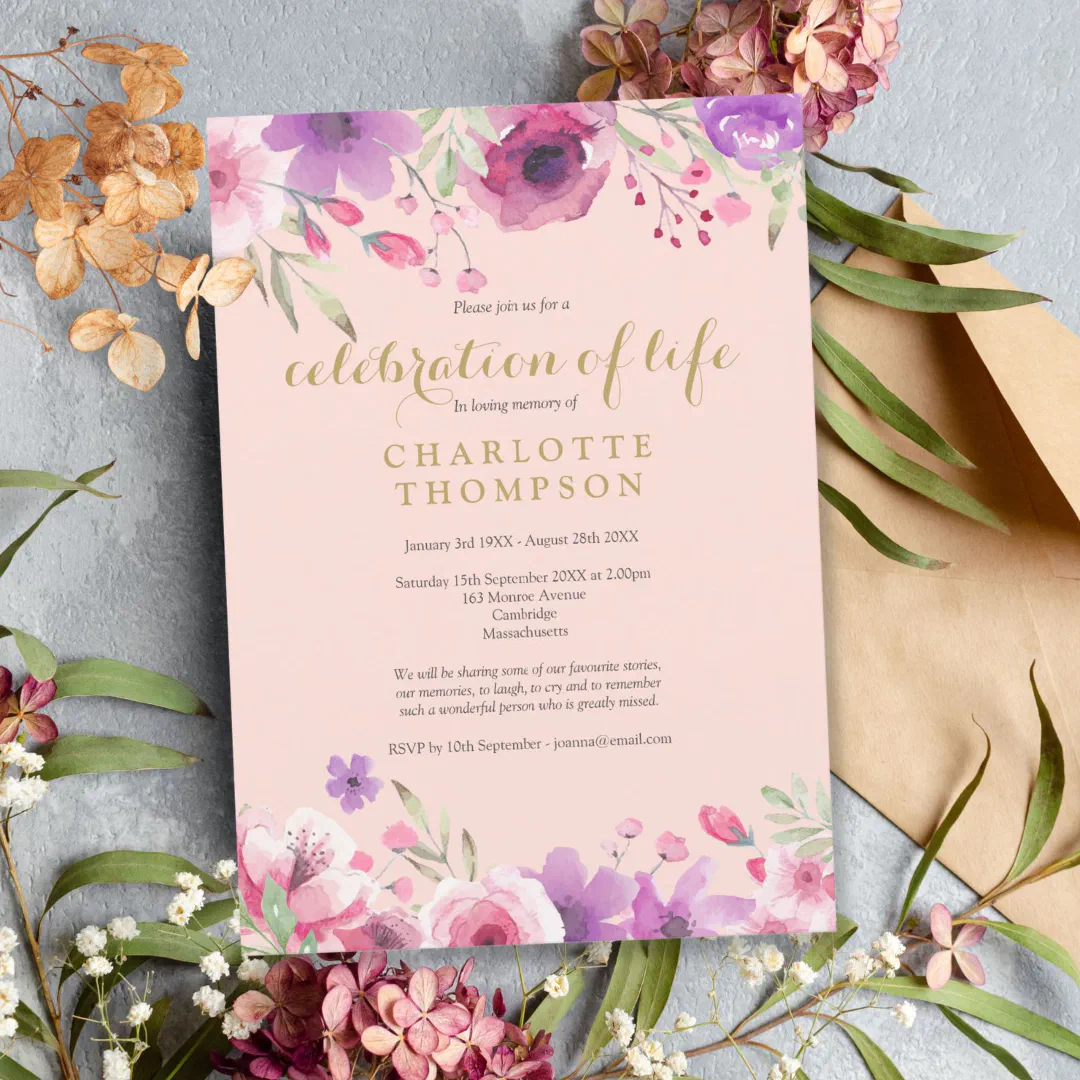 Celebration of Life Blush Pink Gold Floral Funeral Invitation (Creator Uploaded)