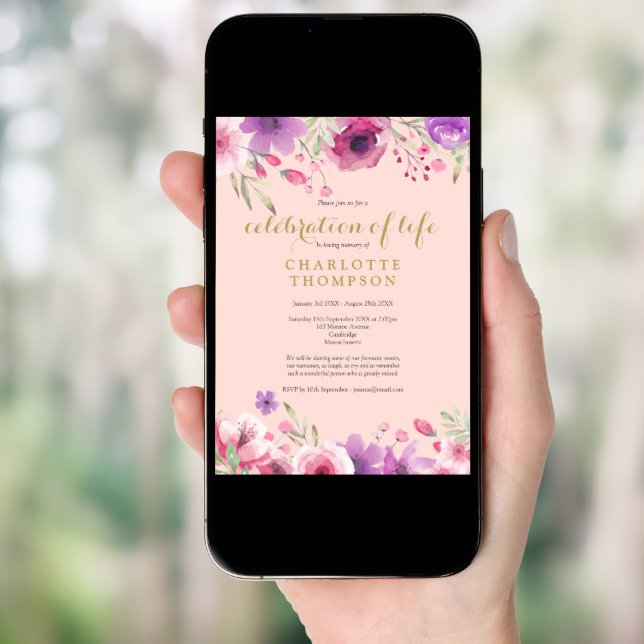 Celebration of Life Blush Pink Gold Floral Photo  Invitation (Front Digital)