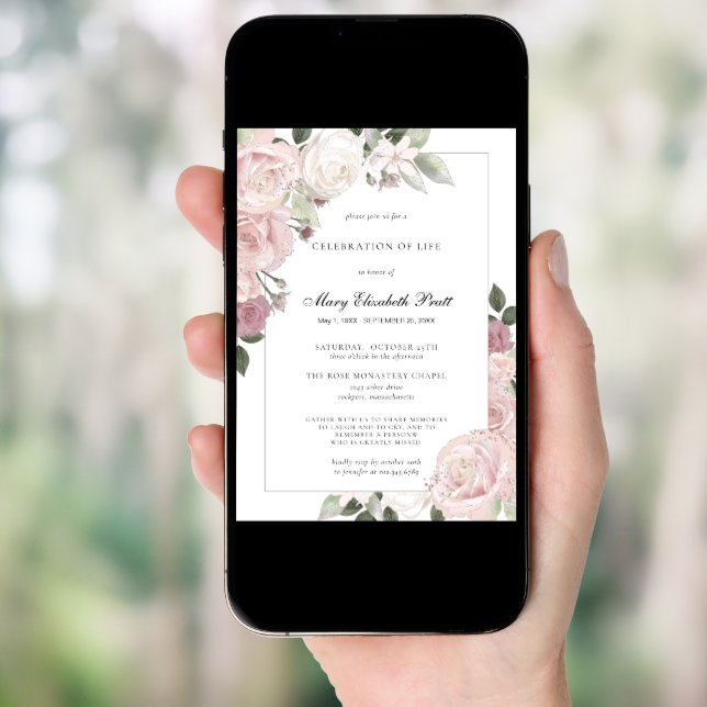 Celebration of Life Blush Pink Rose Rustic Floral Invitation (Front Digital)