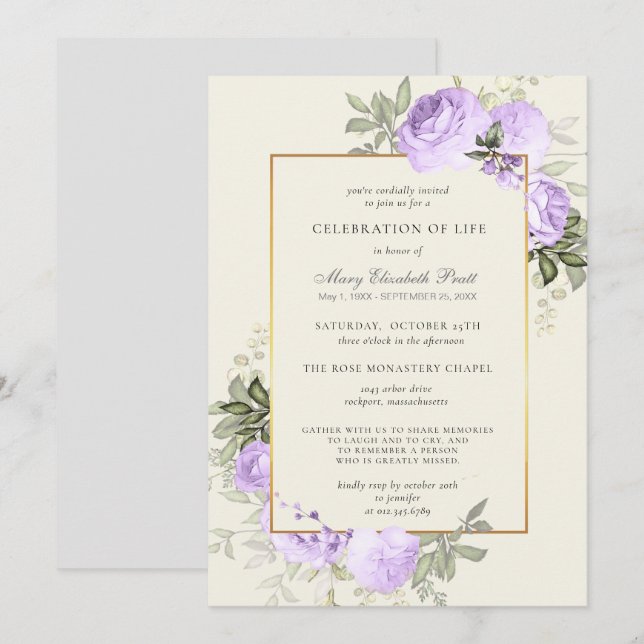 Celebration of Life Blush Purple Rose Floral Invitation (Front/Back)