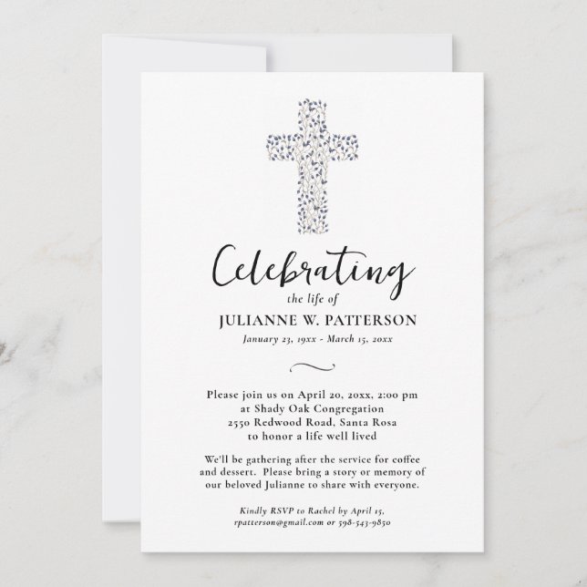 Celebration of Life, Botanical Cross, Funeral Invitation (Front)