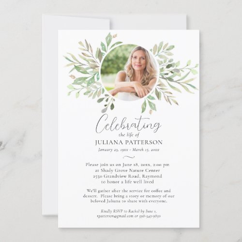 Celebration of Life Botanical Greens Funeral Photo Invitation