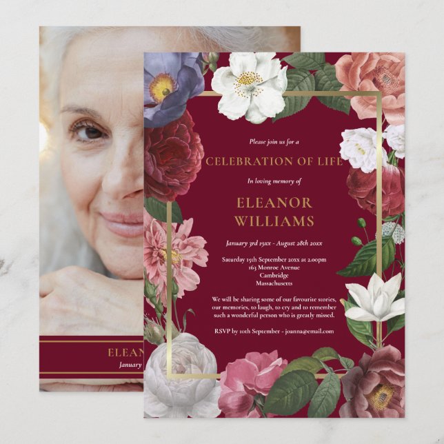 Celebration of Life Burgundy Floral Photo Invitation (Front/Back)
