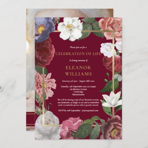 Celebration of Life Burgundy Floral Photo Invitation