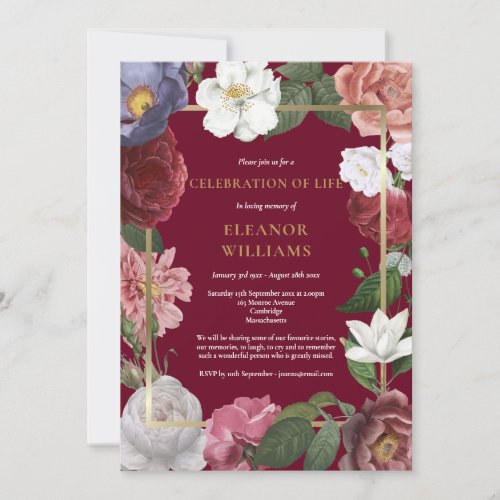 Celebration of Life Burgundy Roses Floral Invitation