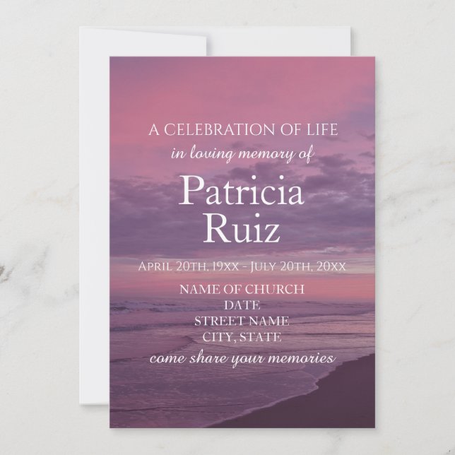 Celebration Of Life - Calm Beach Sunset  Invitation (Front)