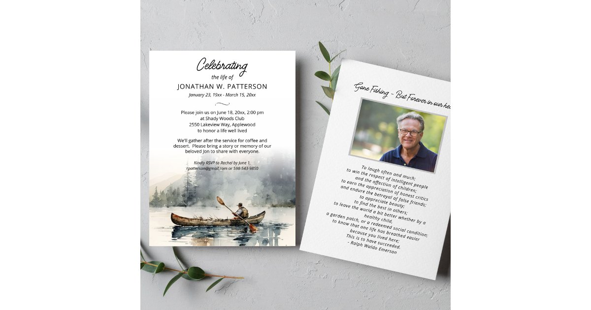 Celebration of Life, Canoeing Fishing Funeral Invitation | Zazzle