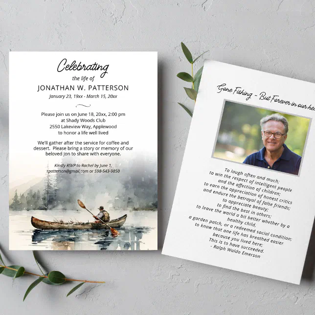 Celebration of Life, Canoeing Fishing Funeral Invitation | Zazzle