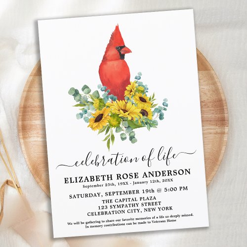 Celebration Of Life Cardinal Sunflower Funeral Invitation