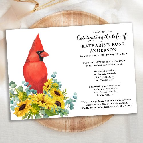 Celebration Of Life Cardinal Sunflowers Funeral Invitation