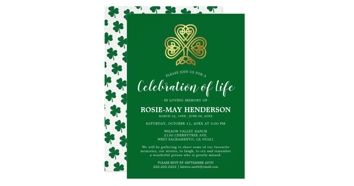 Celebration of Life | Celtic Shamrock Funeral Invitation | Zazzle.com