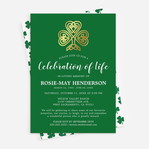 Celebration of Life  Celtic Shamrock Funeral Invitation