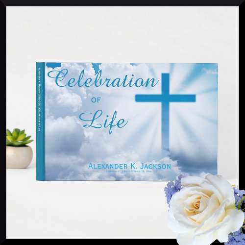 Celebration Of Life Clouds Blue Cross Guest Book