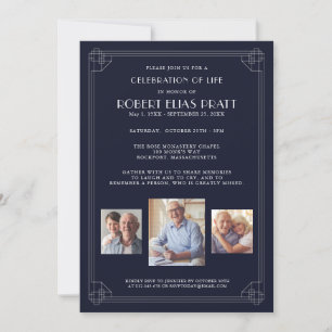 Celebration of Life Dark Blue White 3 Photo Invita Invitation