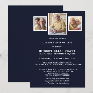 Celebration of Life Dark Blue White 3 Photo Invitation