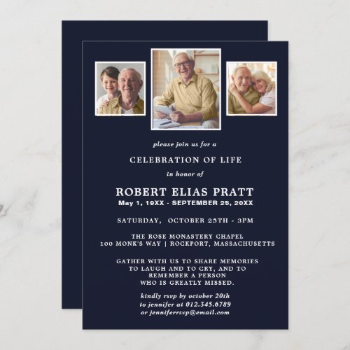 Celebration of Life Dark Blue White 3 Photo Invitation