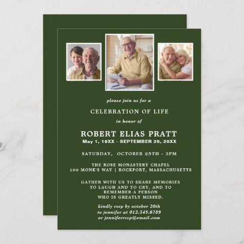 Celebration of Life Dark Green White 3 Photo Invitation