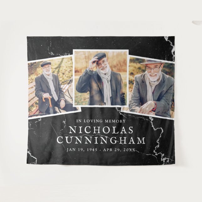 Celebration of Life Dark Marble Stone Three Photo Tapestry (Front (Horizontal))